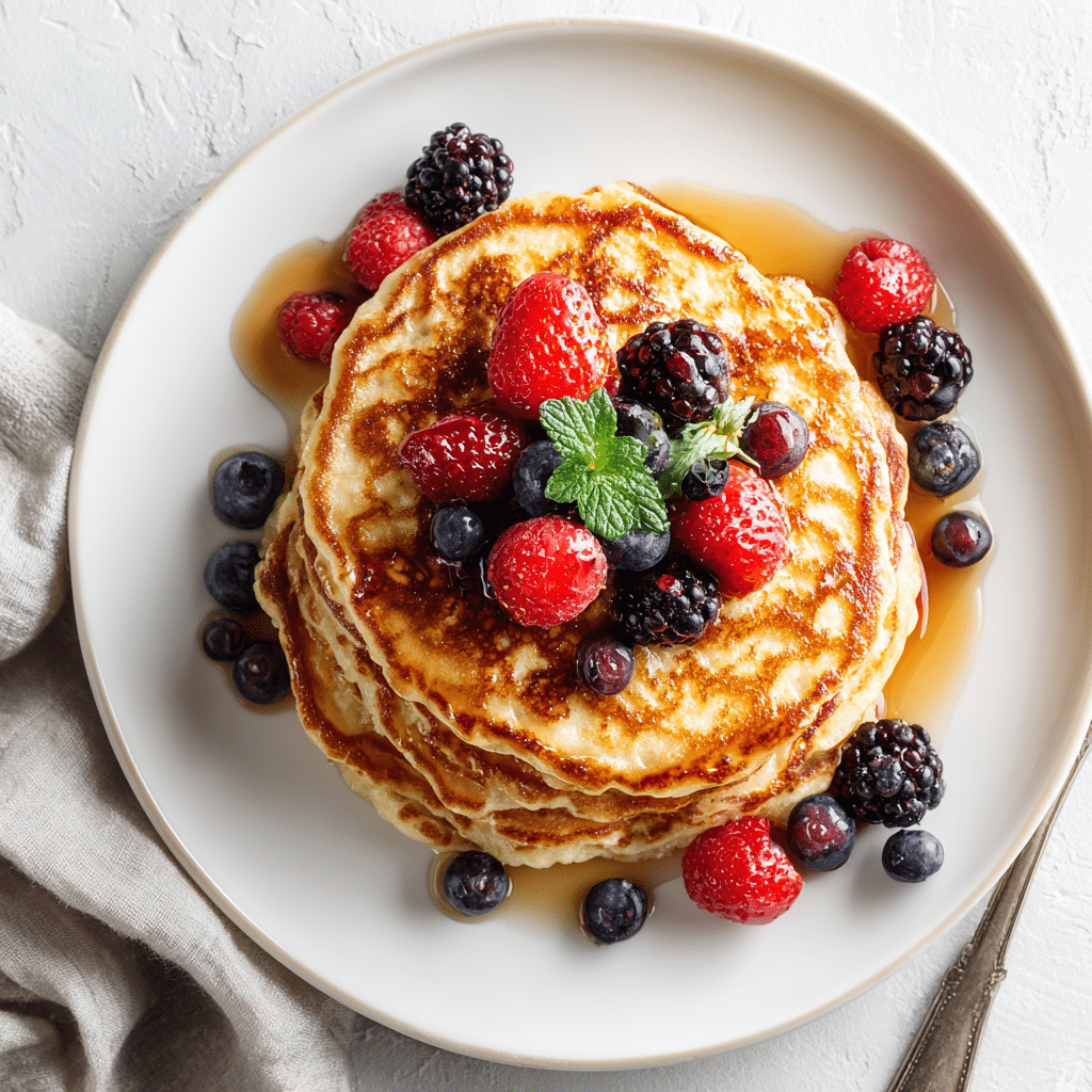 banana cottage cheese pancakes on plate with berries