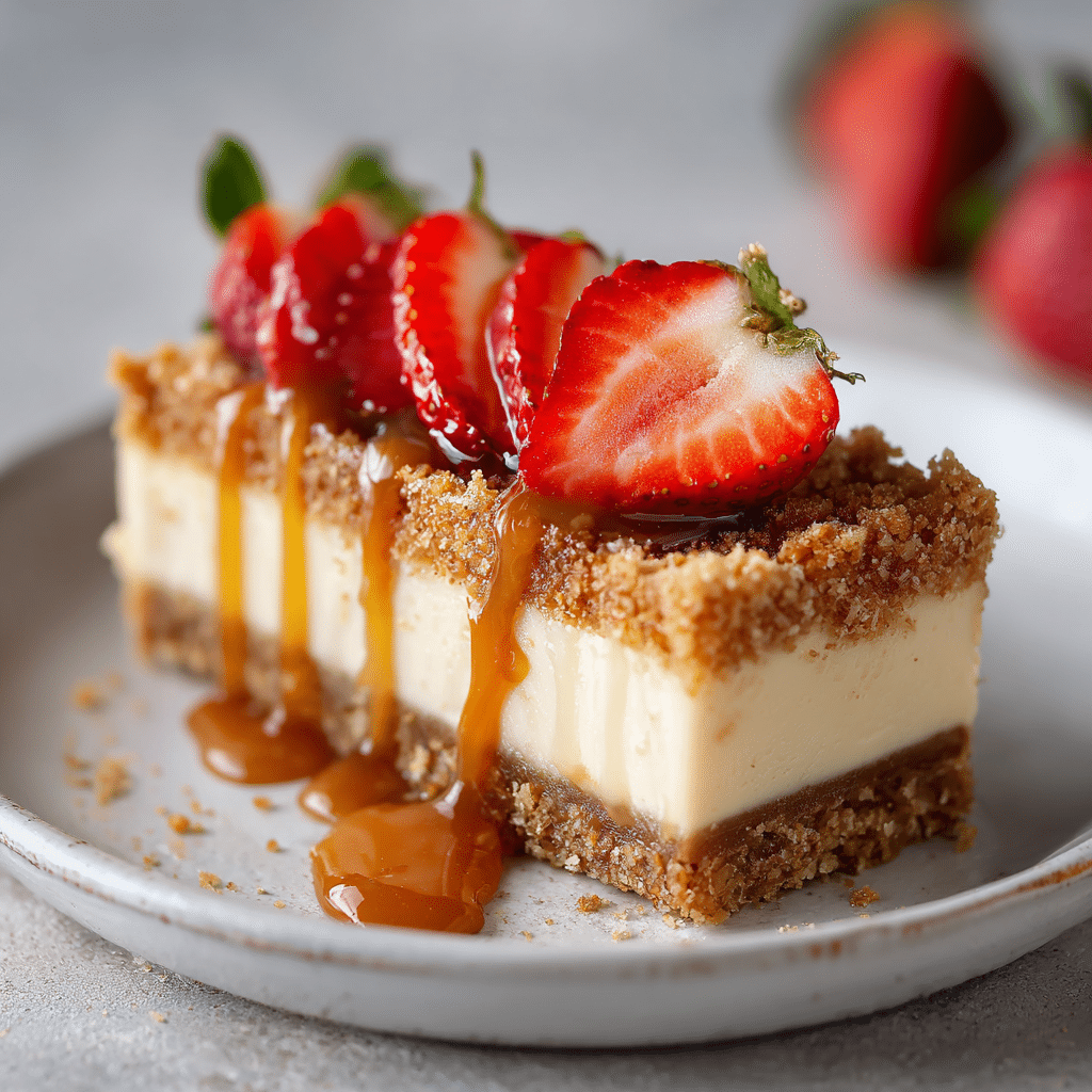 Churro cheesecake slice served with caramel and berries