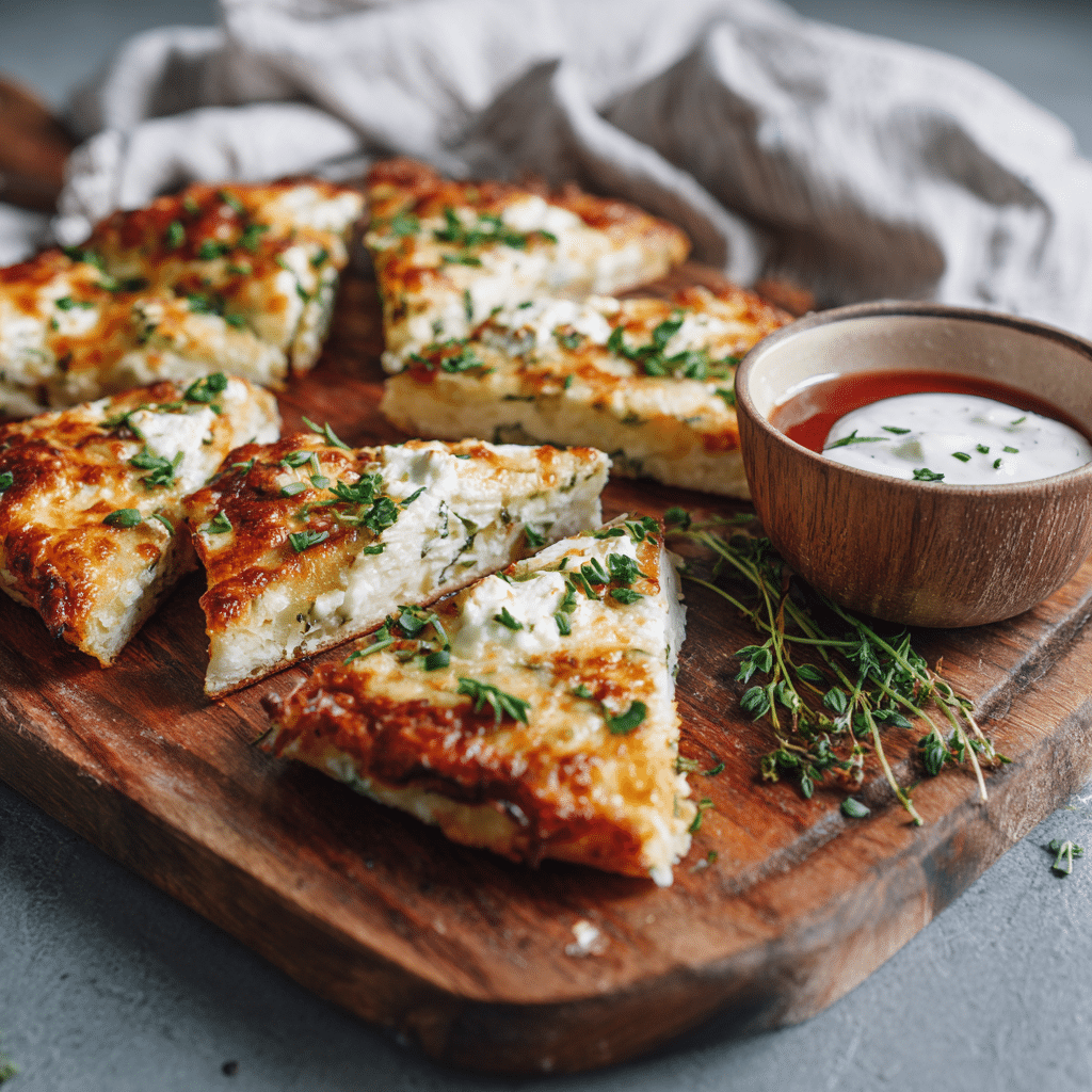 Cottage cheese pizza crust with golden edges and mozzarella