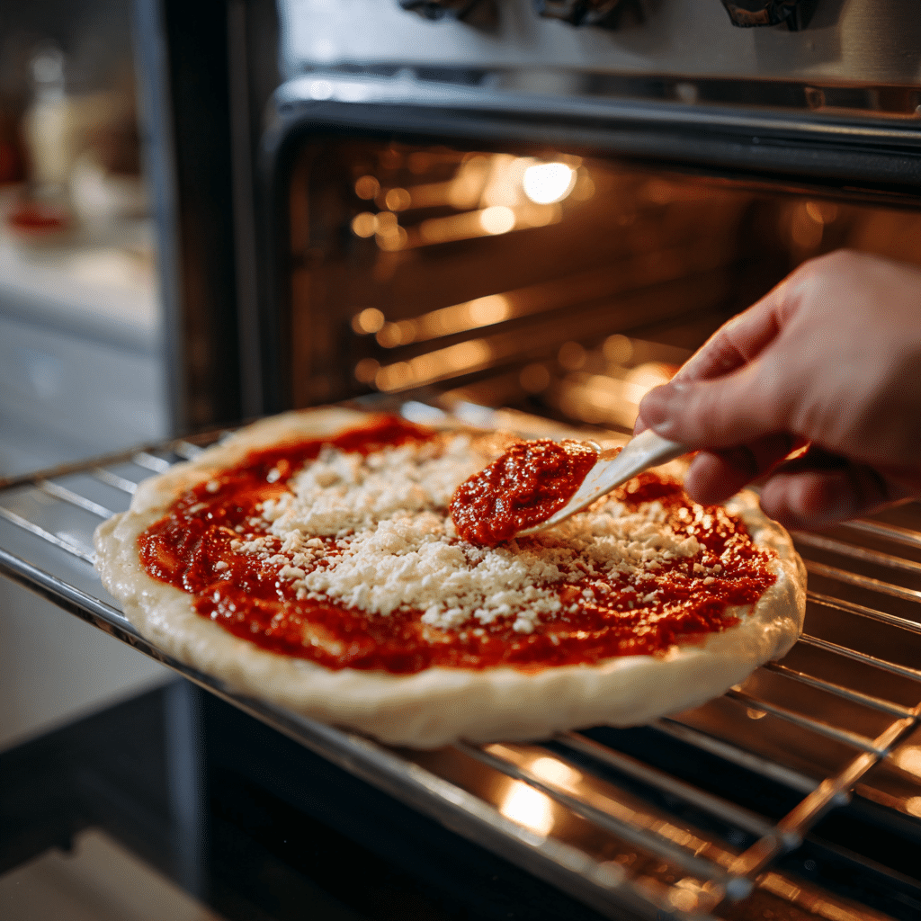 Sliced cottage cheese pizza on wooden board with herbs