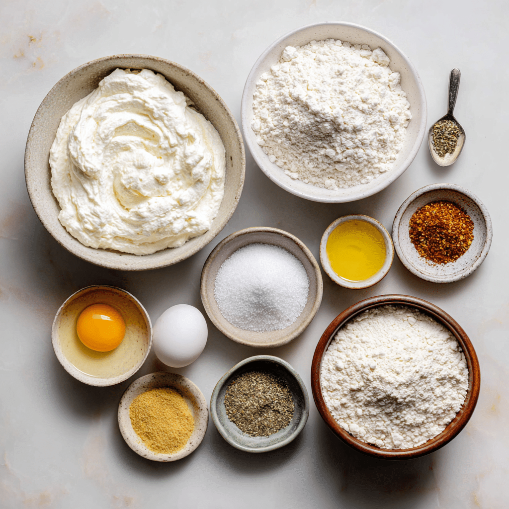 Cottage cheese bagel dough rounds on parchment paper before baking