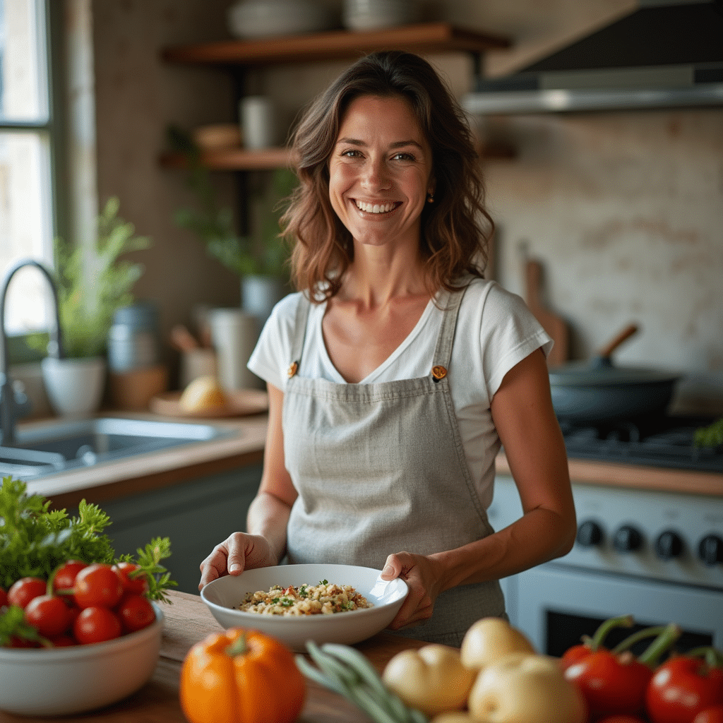 female home cook in her 40s casual and cheerful mid
