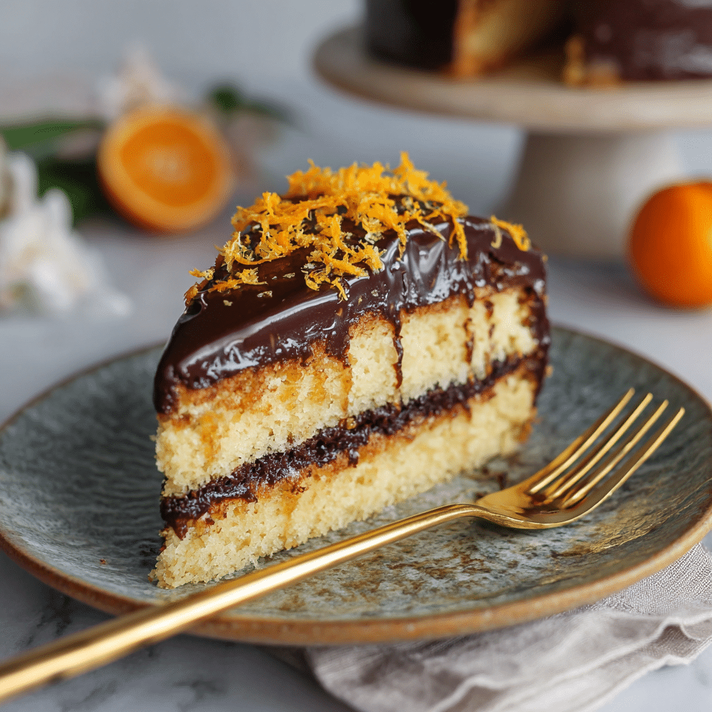Slice of chocolate orange cake on serving plate