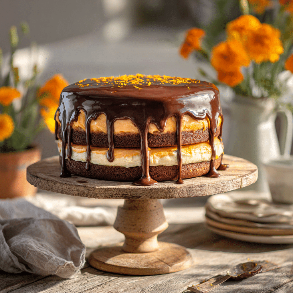 Jaffa Cakes Cake with glossy chocolate ganache