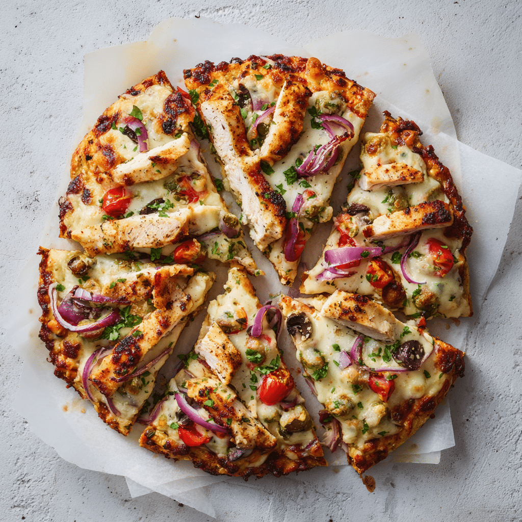 Full chicken crust pizza ready for slicing and serving