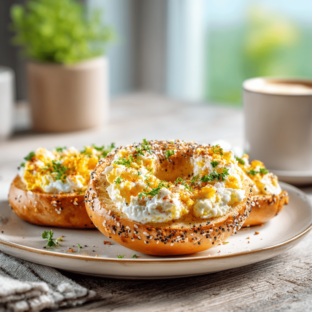 Toasted protein bagel served with egg and cream cheese