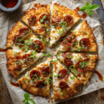 Chicken crust pizza with mozzarella, pepperoni, and basil
