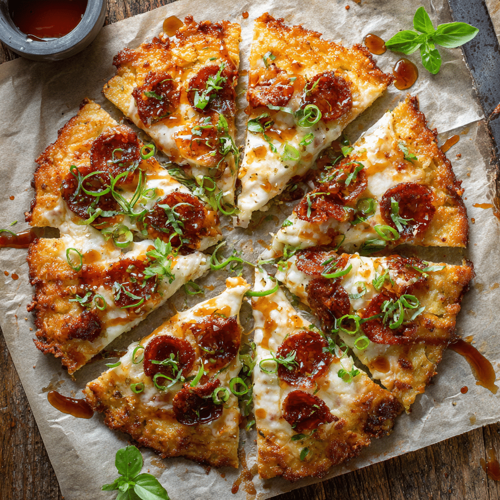 Chicken crust pizza with mozzarella, pepperoni, and basil