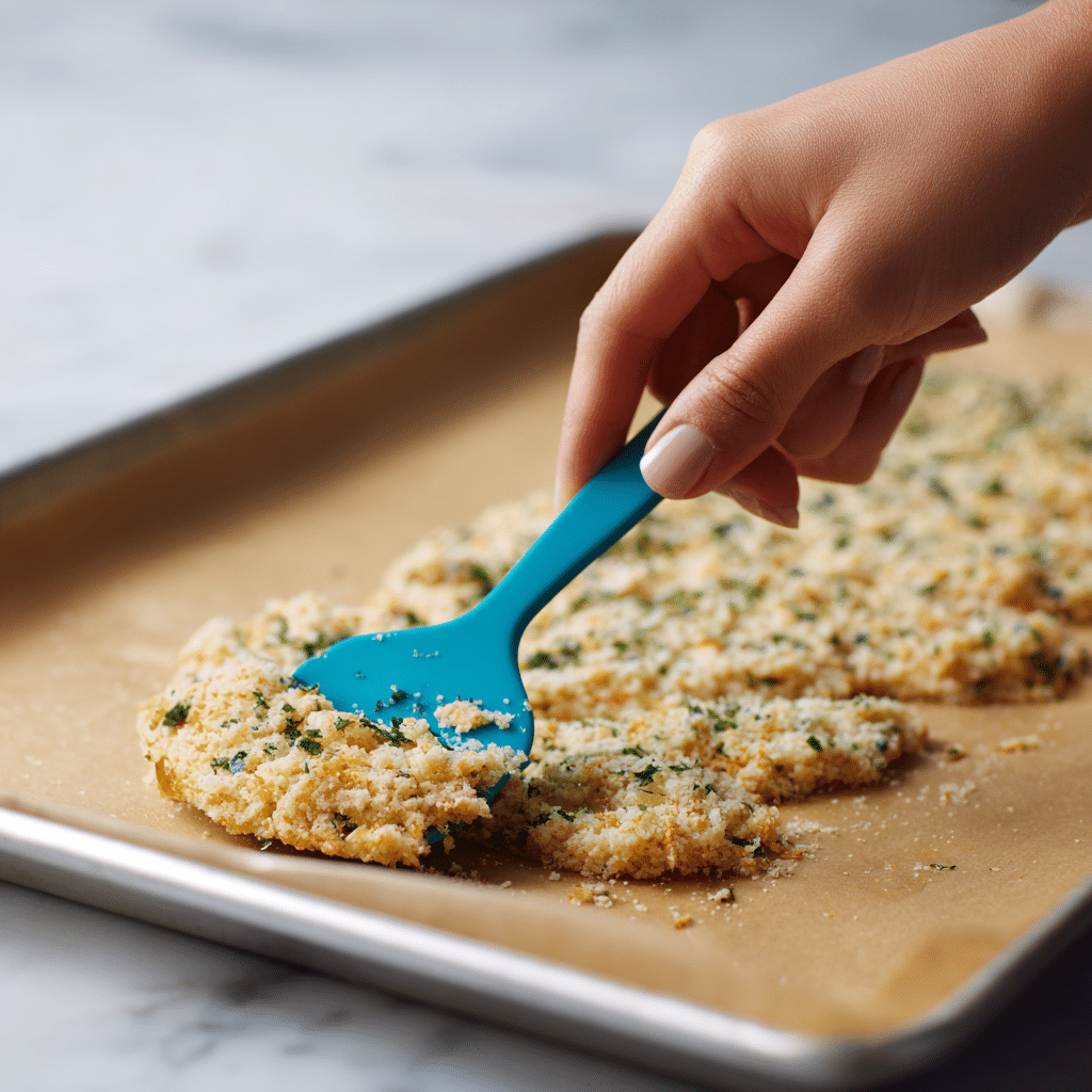 Spreading chicken crust on parchment with silicone spatula