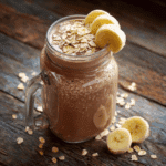 Chocolate banana protein shake in glass jar