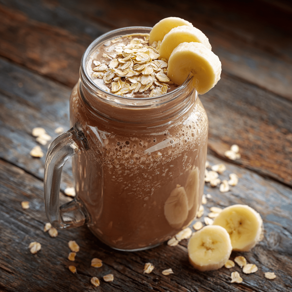Chocolate banana protein shake in glass jar