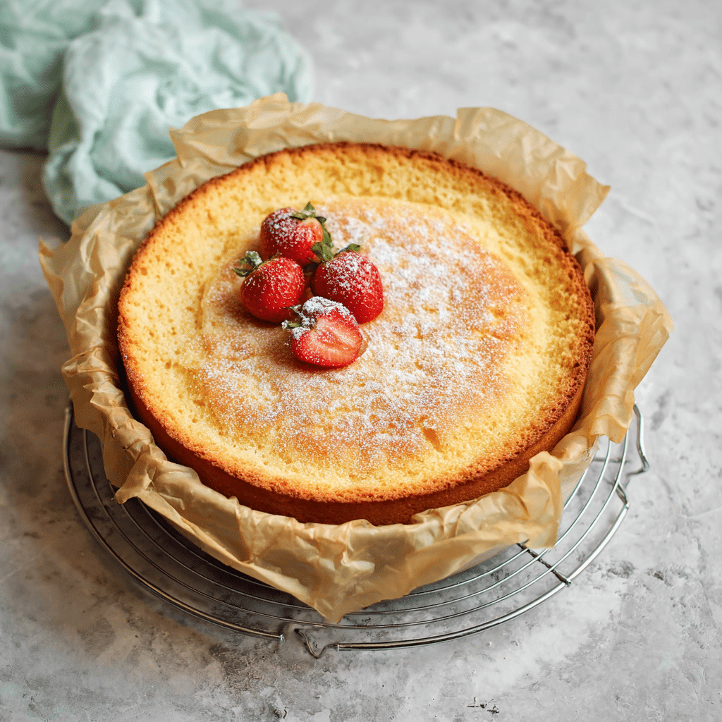 Cloud cake recipe with powdered sugar and strawberries