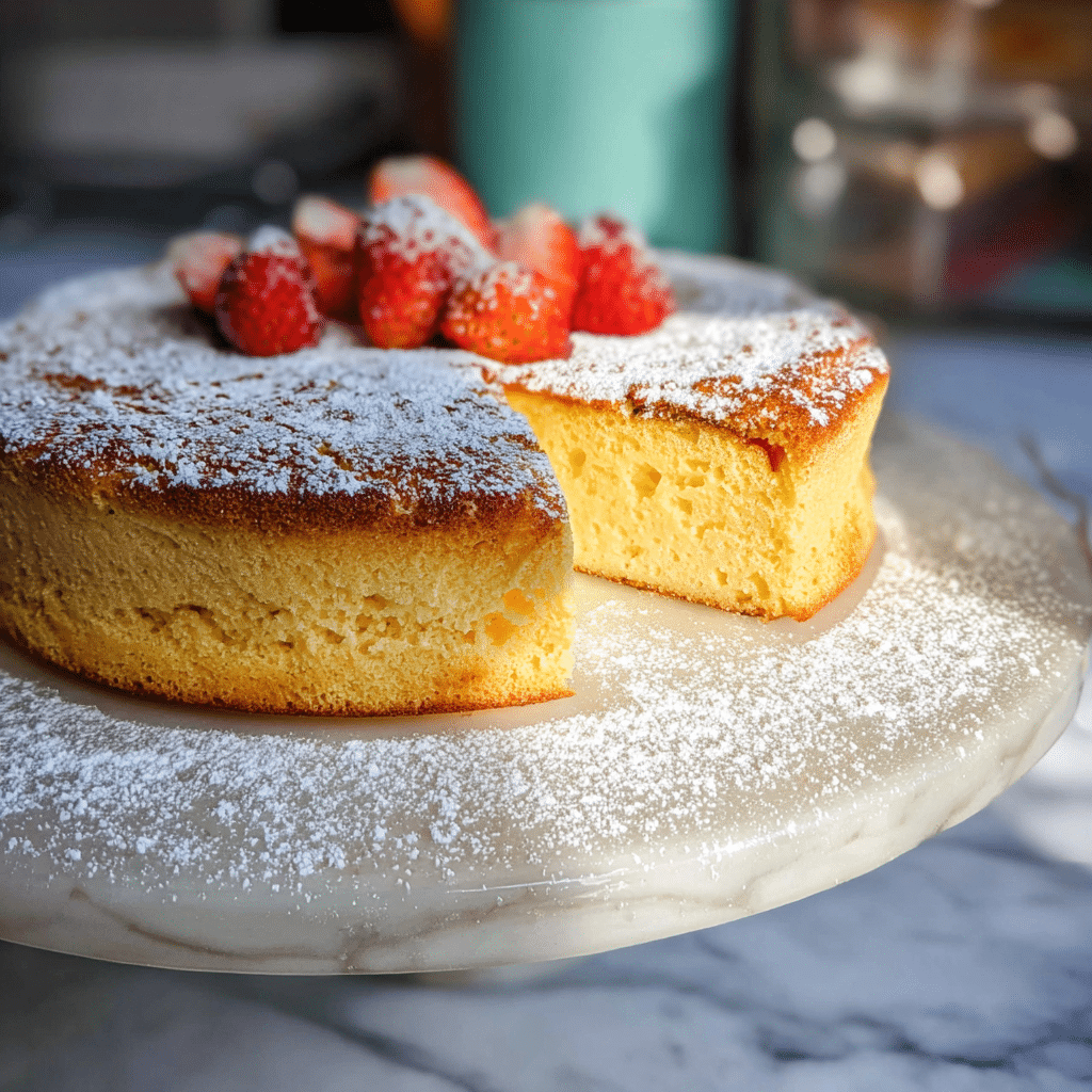 cloud cake recipe with golden top and powdered sugar
