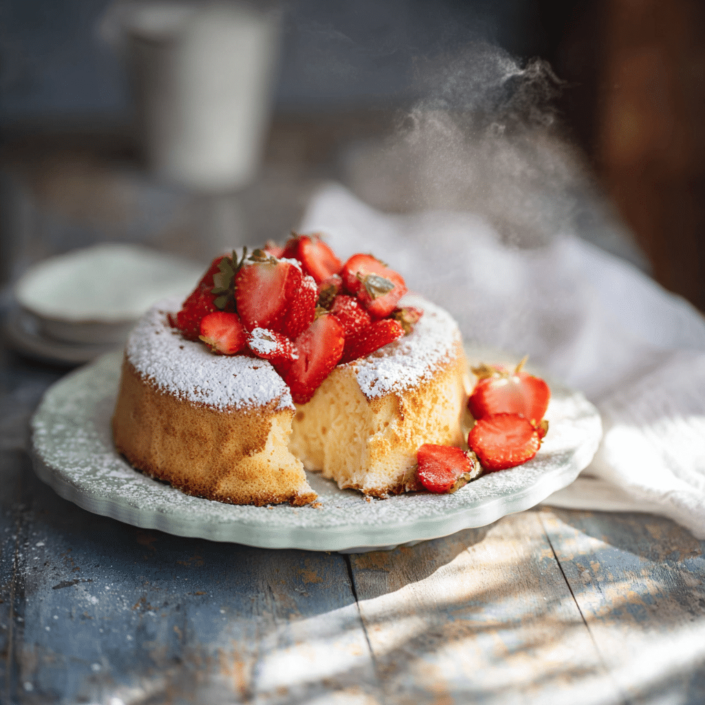 Slice of cloud cake with berries and sugar