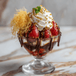 Dubai chocolate strawberries dessert in glass with gold sprinkles