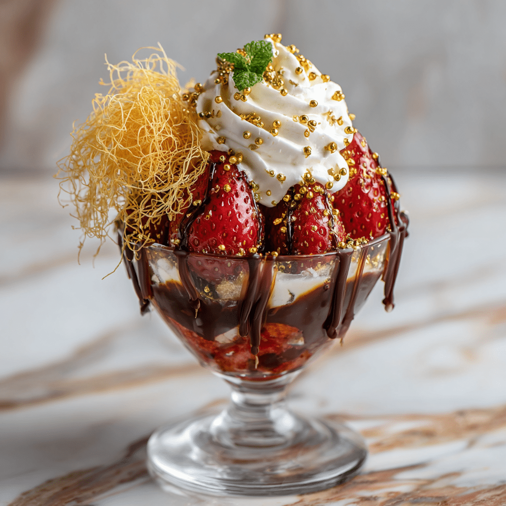 Dubai chocolate strawberries dessert in glass with gold sprinkles