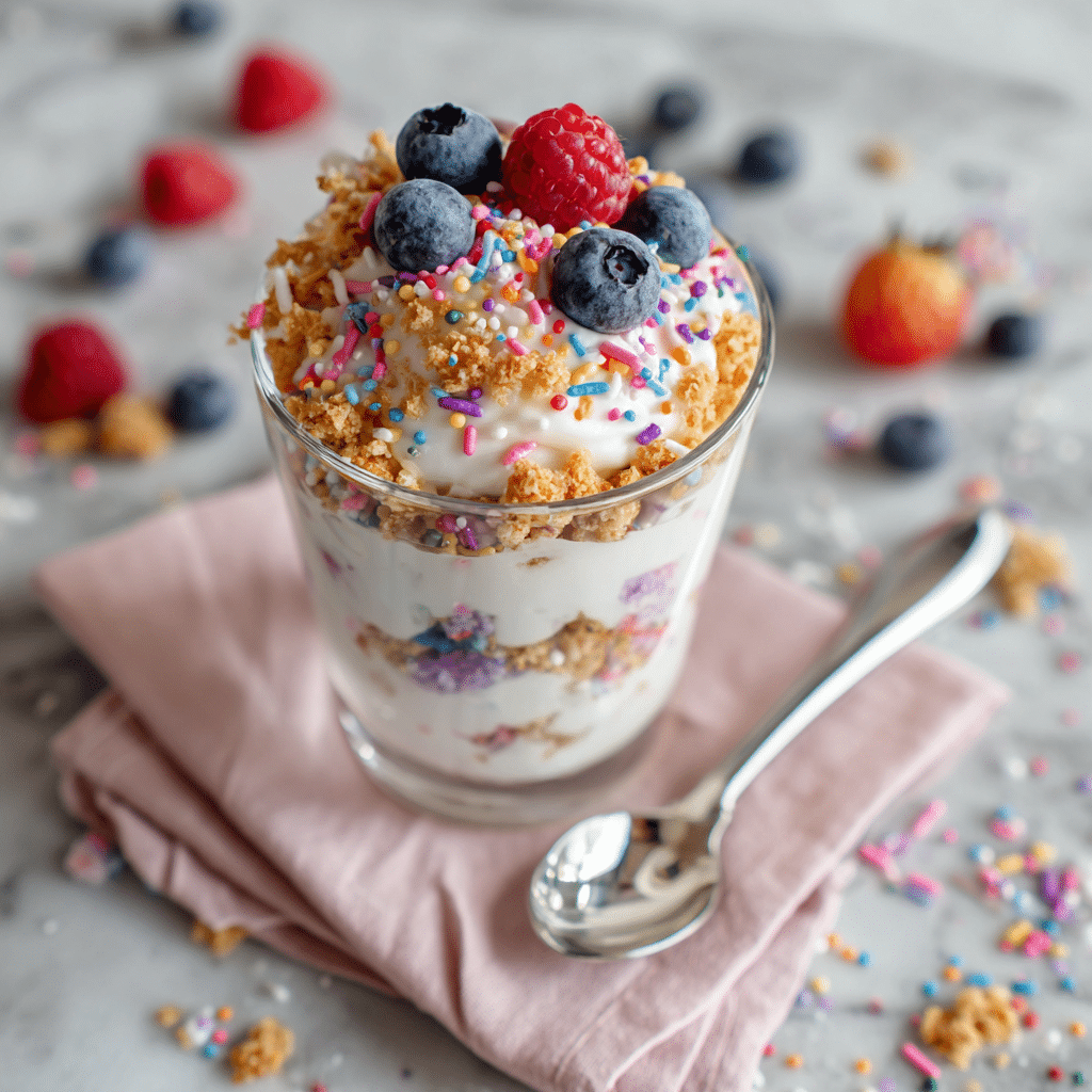 Fluffy Yogurt with sprinkles and graham crackers