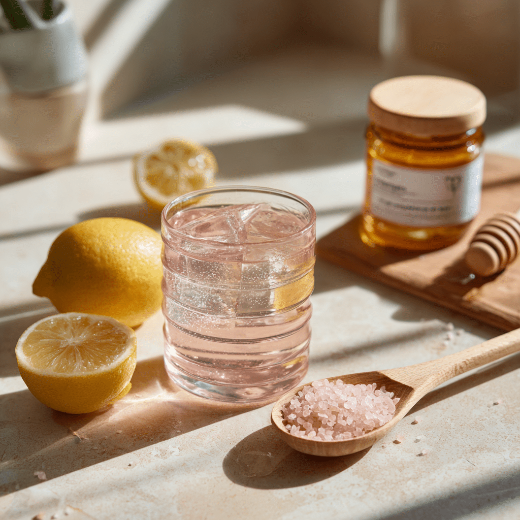 Japanese pink salt, lemon, honey, and water flat lay