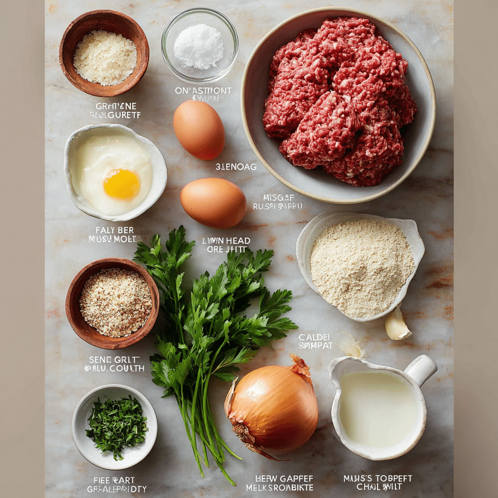 Best Meatloaf Recipe That’s Juicy, Easy, and Packed with Flavor 7 Meatloaf recipe ingredients laid out on a counter