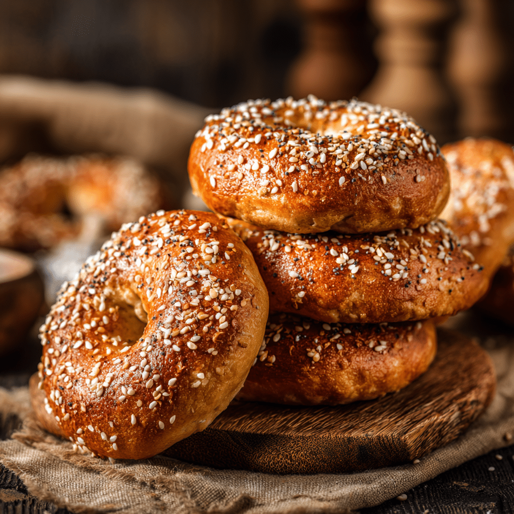 Homemade protein bagels stacked with sesame topping