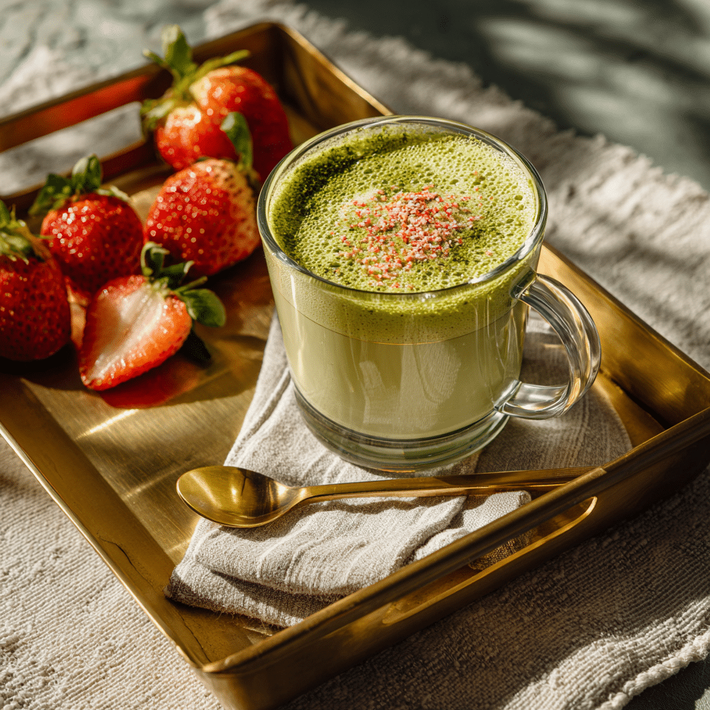 Strawberry matcha latte with two-tone pink and green layers in a glass