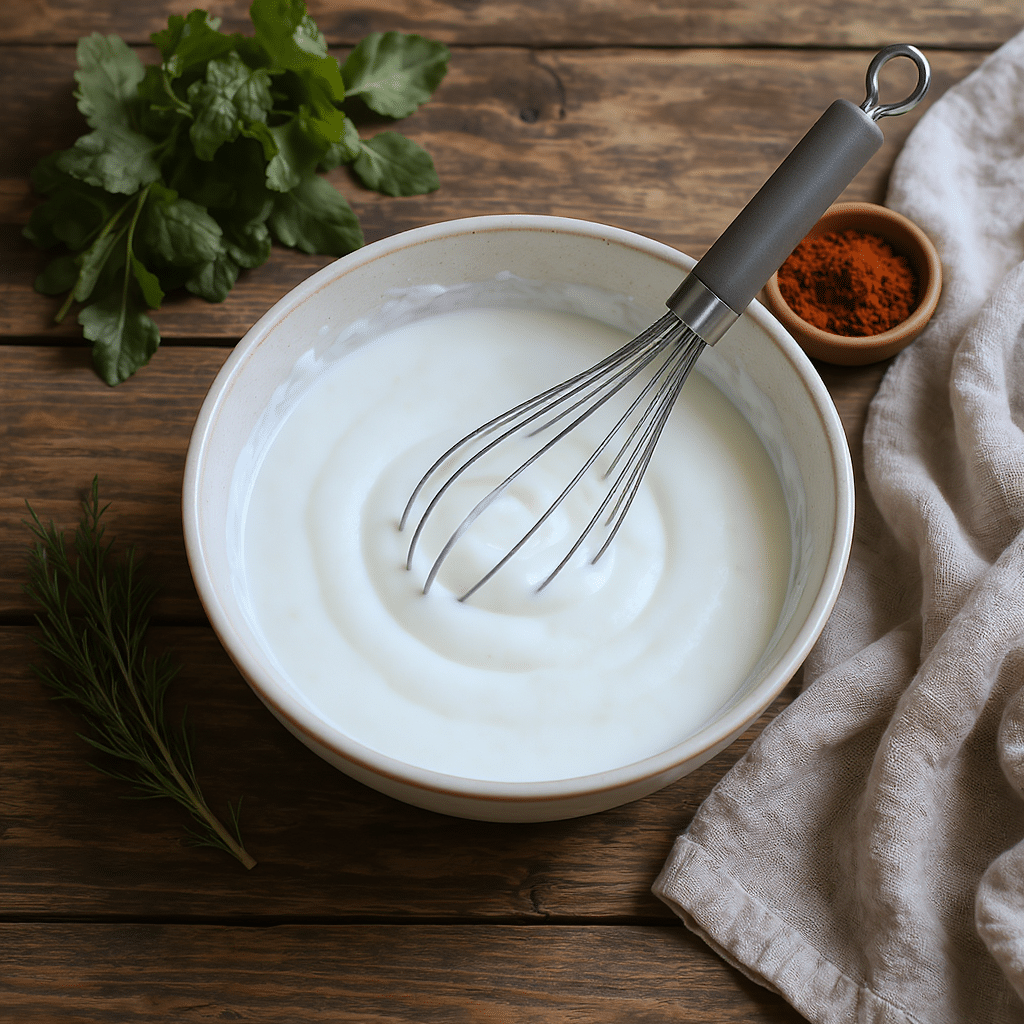 Whisking yogurt into smooth texture