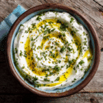 Creamy homemade dry yogurt with olive oil and herbs