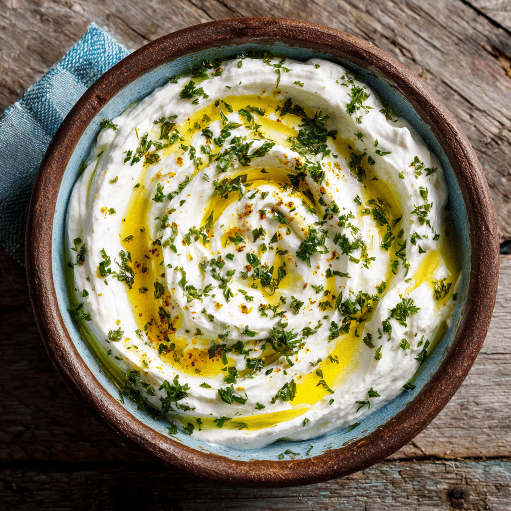 Creamy homemade dry yogurt with olive oil and herbs