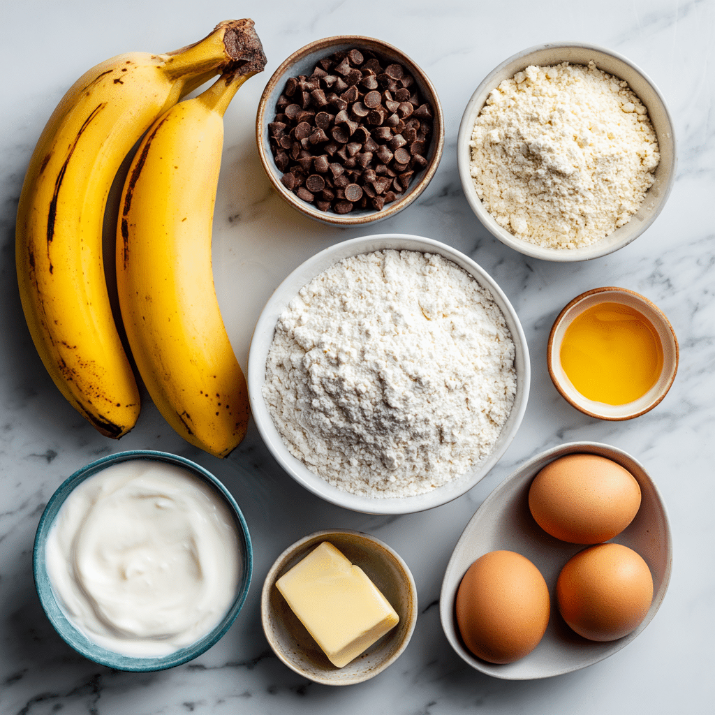 Chocolate chip banana bread ingredients laid out
