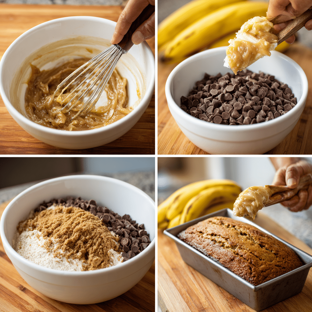 Step-by-step chocolate chip banana bread preparation process