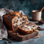 Moist chocolate chip banana bread recipe sliced on rustic table