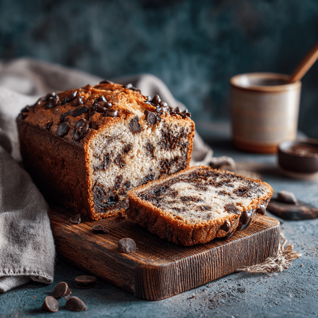 Moist chocolate chip banana bread recipe sliced on rustic table