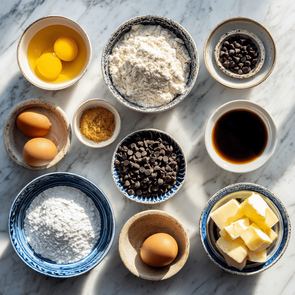 The Best Chocolate Chip Cookie Recipe Ever 8 chocolate chip cookie ingredients flat lay