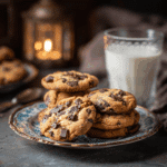 serving chocolate chip cookies with milk
