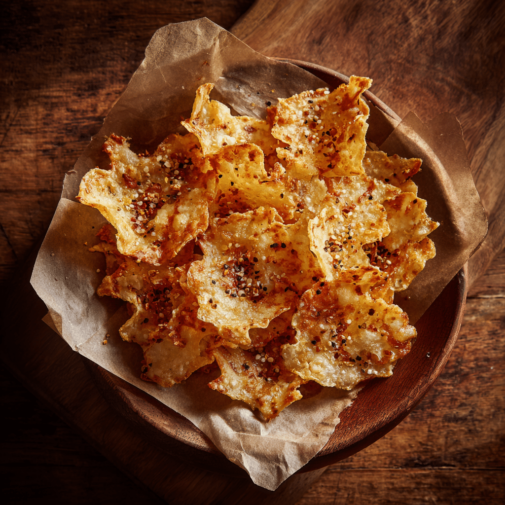 Cottage cheese chips in serving bowl