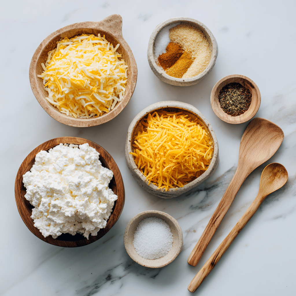 Cottage cheese chip ingredients on marble surface