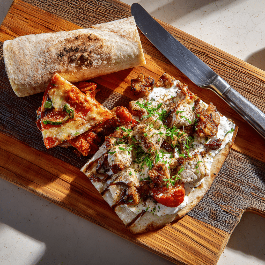 Cottage cheese flatbread pizza serving