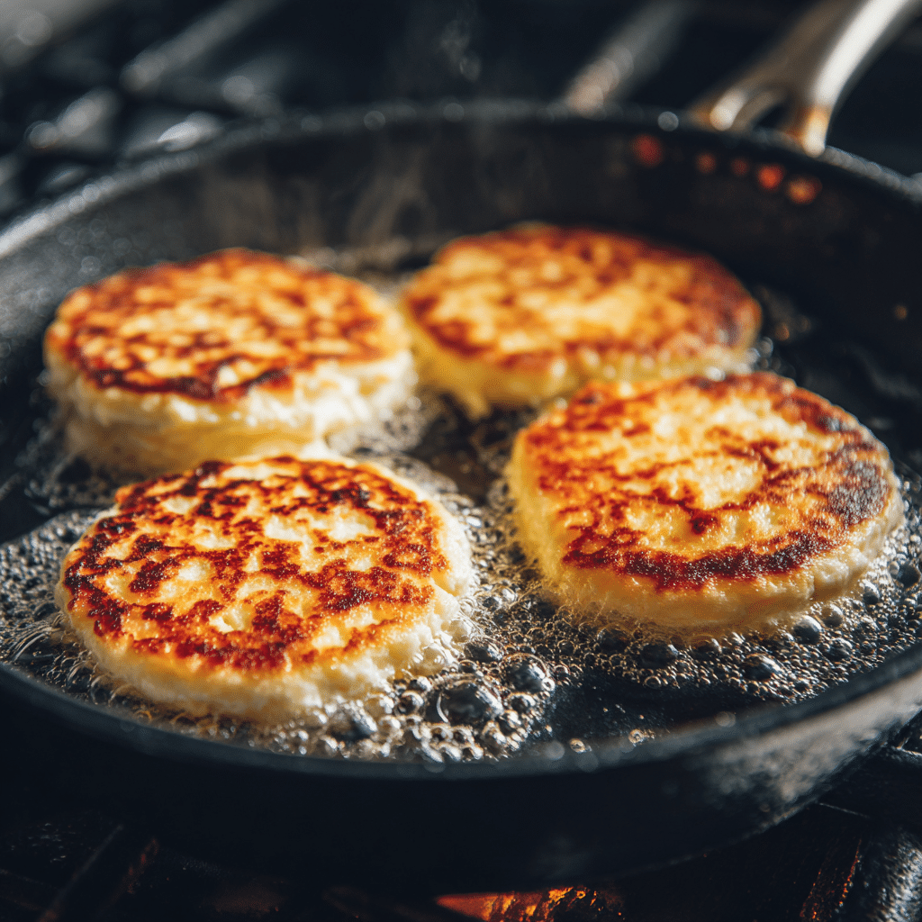 Cottage cheese pancakes cooking in pan