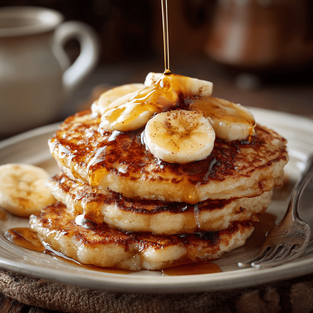 Served cottage cheese pancakes with banana and syrup
