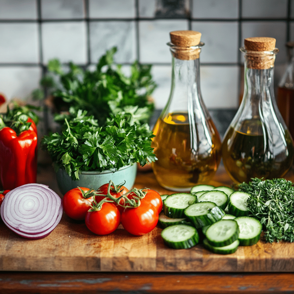 cucumber salad and tomato ingredients prep