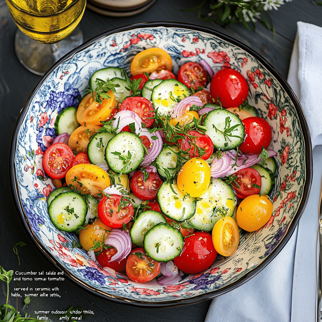 cucumber salad and tomato served summer