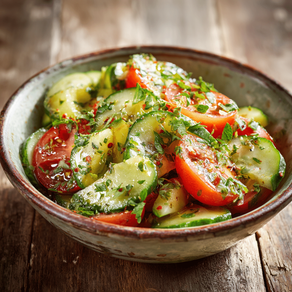 cucumber salad and tomato in rustic bowl summer