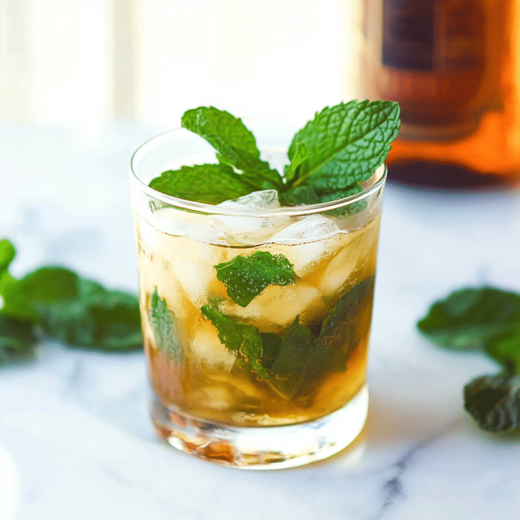 mint julep recipe cocktail in silver cup with mint garnish