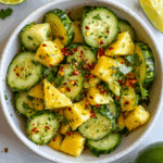 Pineapple cucumber salad served in a bowl with lime and chili