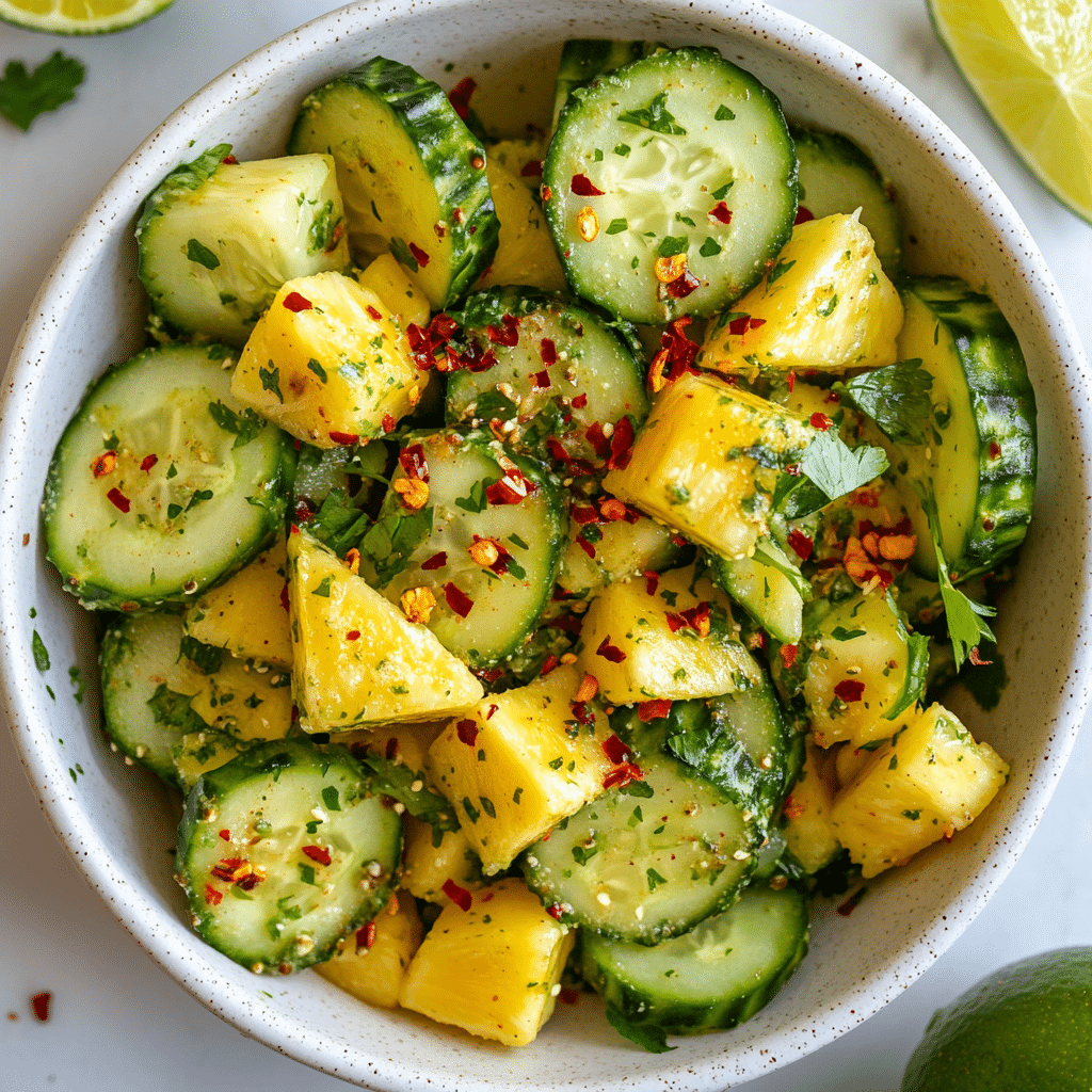 Pineapple Cucumber Salad Recipe That’s Fresh, Crunchy, and Full of Benefits 5 Pineapple cucumber salad served in a bowl with lime and chili