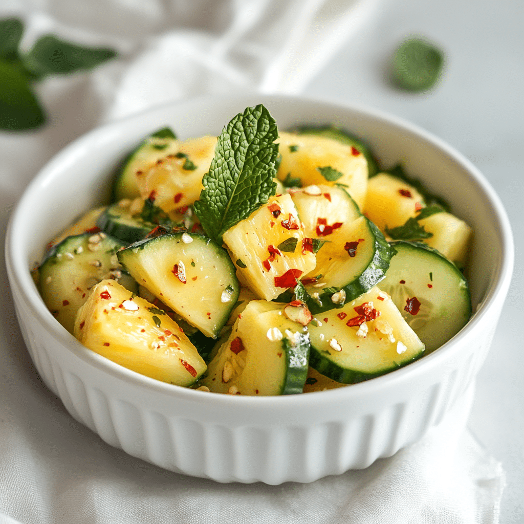 Pineapple Cucumber Salad Recipe That’s Fresh, Crunchy, and Full of Benefits 8 Served portion of pineapple cucumber salad with mint