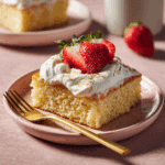 Served slice of strawberry tres leches cake