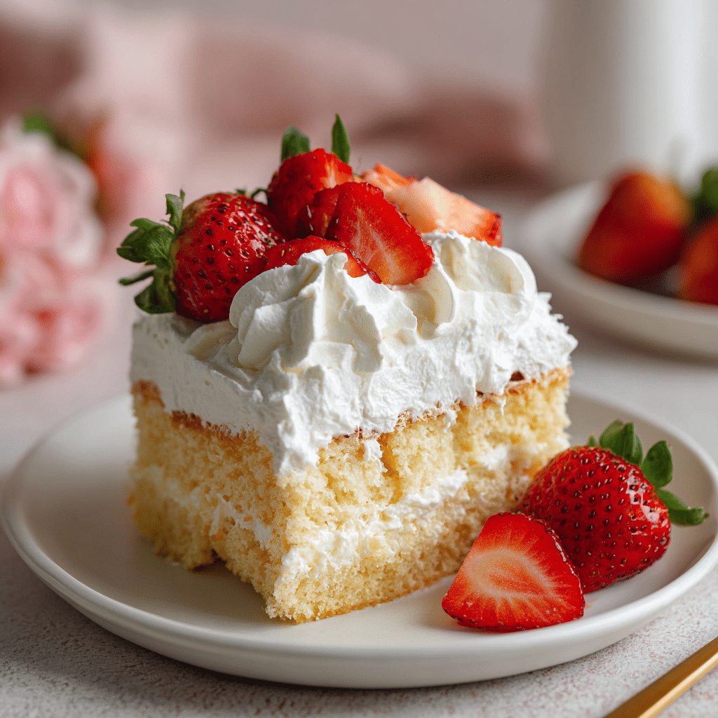 Strawberry tres leches cake slice with whipped cream
