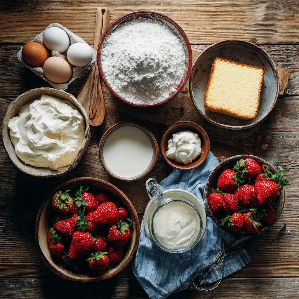 Ingredients for making strawberry tres leches cake