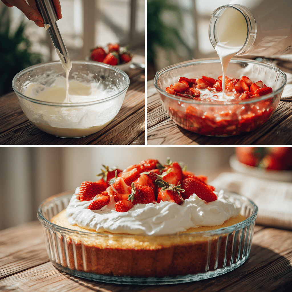Step-by-step images of making strawberry tres leches cake